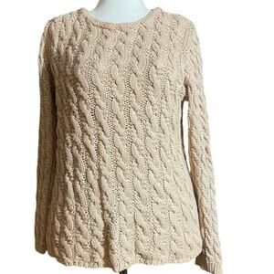 Zara Women's Cable Knit Sweater, Beige, Size Medium, Crew Neck, Long Sleeve